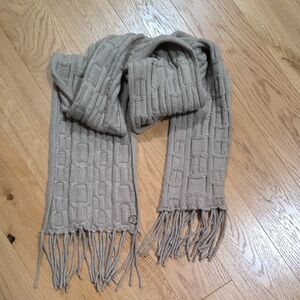 Beige Gray Knit Scarf with Fringe